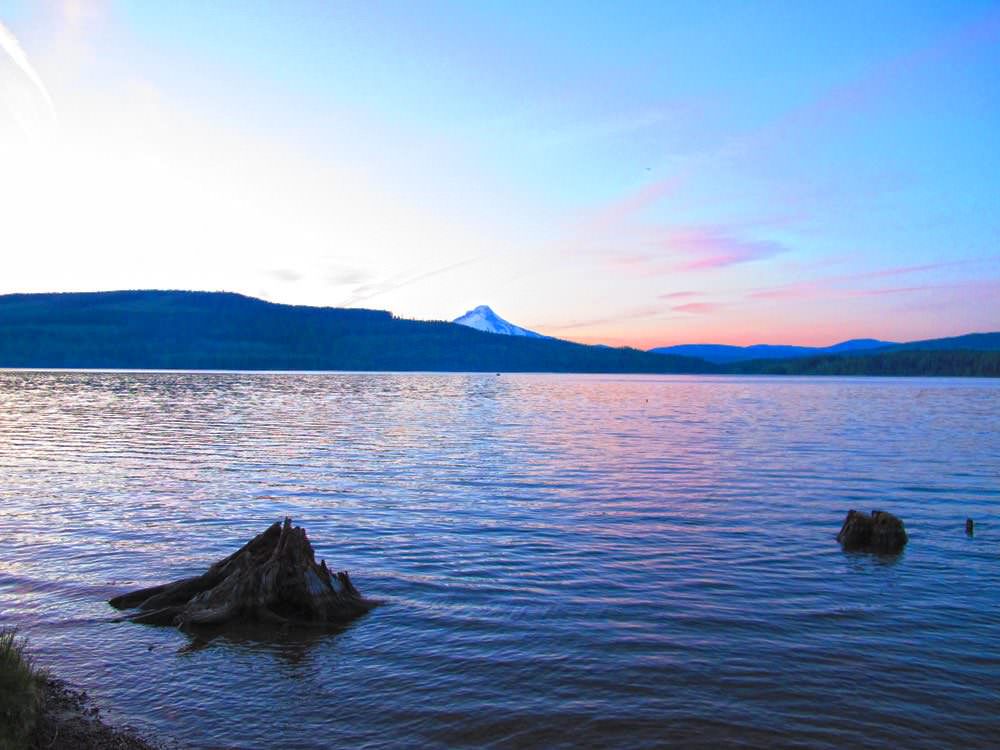 Timothy Lake in Oregon with the sun setting behind Mt. Hood